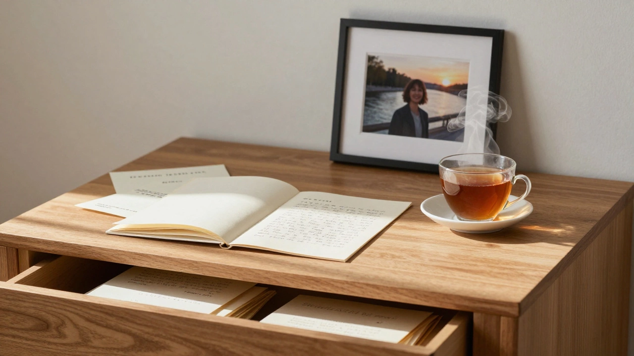 A drawer of handwritten letters from clients lies open beside a cup of tea on a wooden desk.